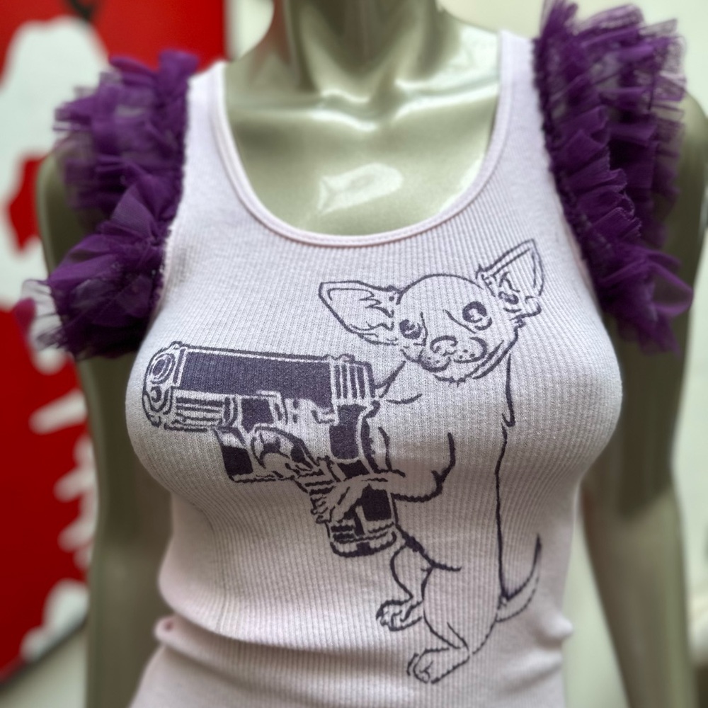 ⚡️CHIHUAHUA WITH GUN graffiti Harajuku distressed RUFFLE SL handmade rave top S